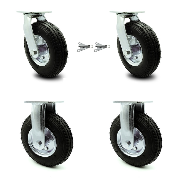 8 Inch Black Pneumatic Wheel Caster Swivel with Swivel Locks and 2 Rigid, 2PK